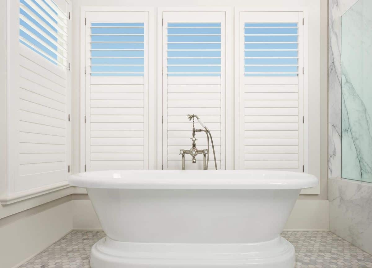 Bathroom window treatments, Hunter Douglas Palm Beach™ Polysatin™ Shutters, near Incline Village, Nevada (NV)